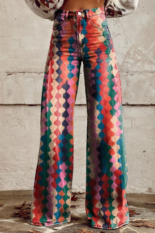 Boho Flared Jeans | Vintage Regenboogprint