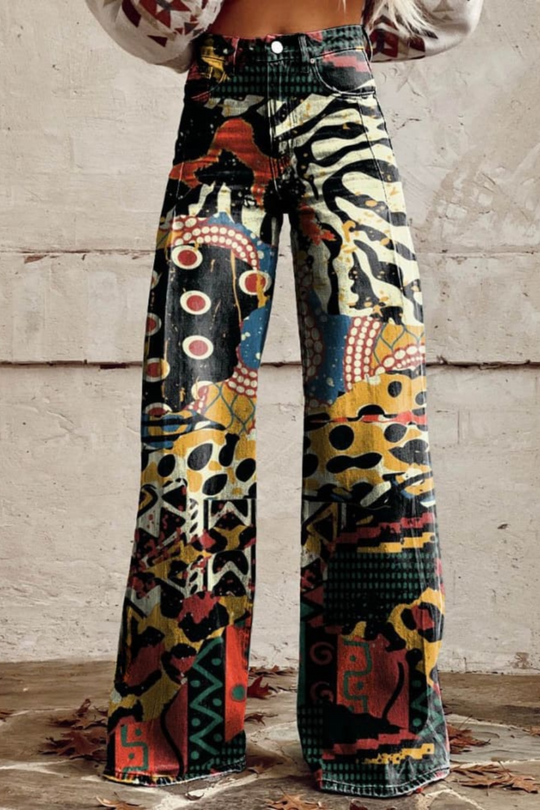 Boho Wide Leg Broek | Retro Print