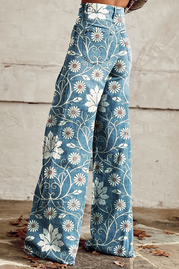 Boho Wijde Broek | Gebloemd Denim