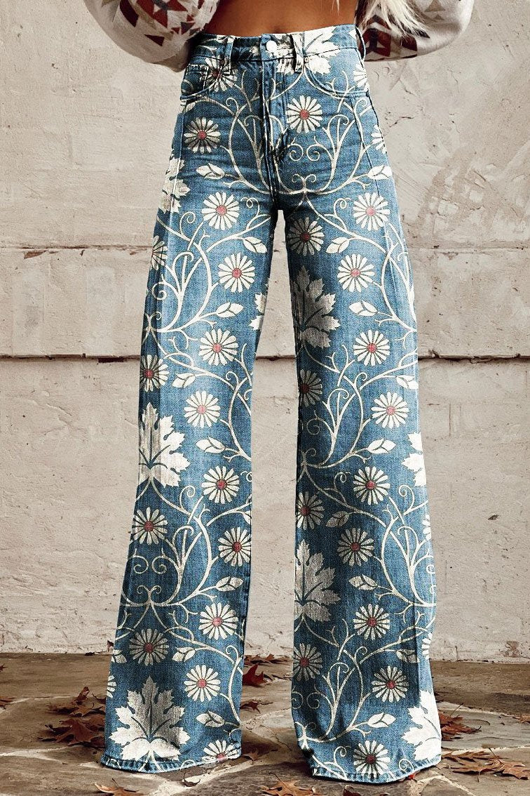 Boho Wijde Broek | Gebloemd Denim