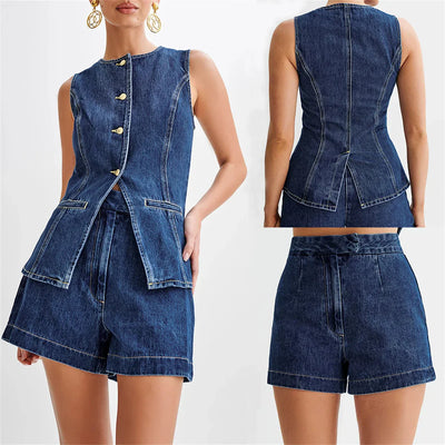 Denim Mouwloos Blazer & Shorts Set | Elegant En Trendy