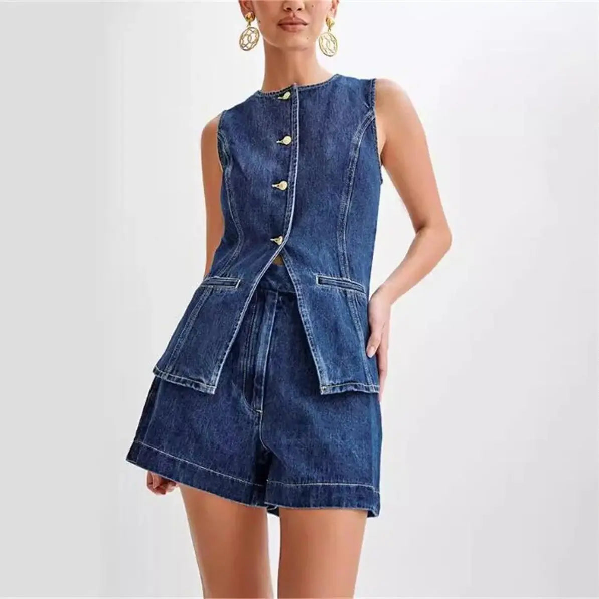 Denim Mouwloos Blazer & Shorts Set | Elegant En Trendy