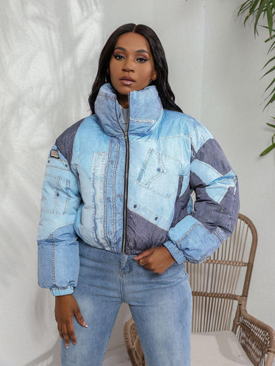 Denim Patchwork Puffer Jas | Trendy En Warm