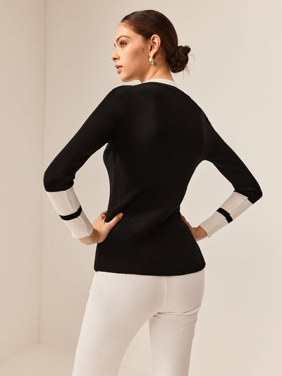 Elegant Geribde Top | Zwart-Wit Contrast