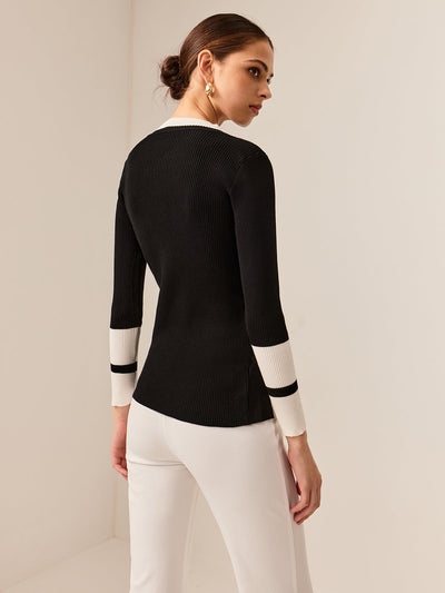 Elegant Geribde Top | Zwart-Wit Contrast