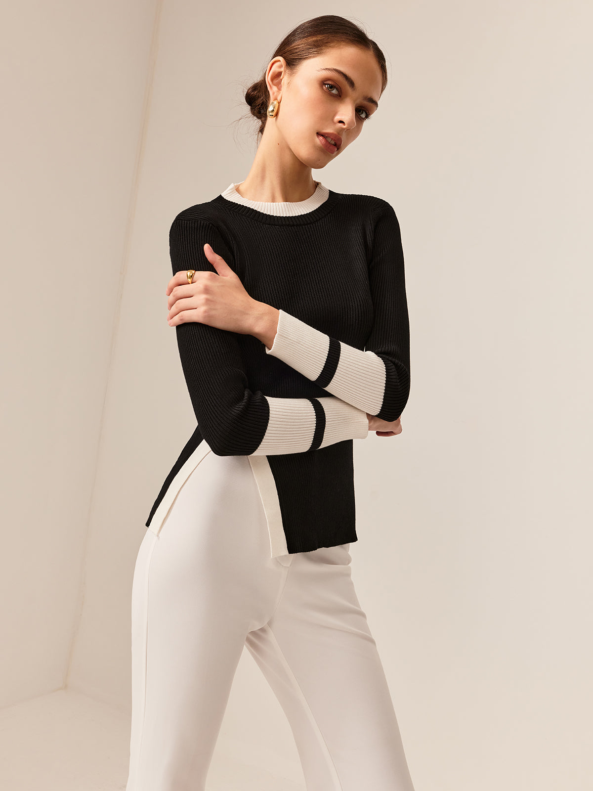 Elegant Geribde Top | Zwart-Wit Contrast