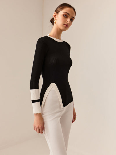 Elegant Geribde Top | Zwart-Wit Contrast