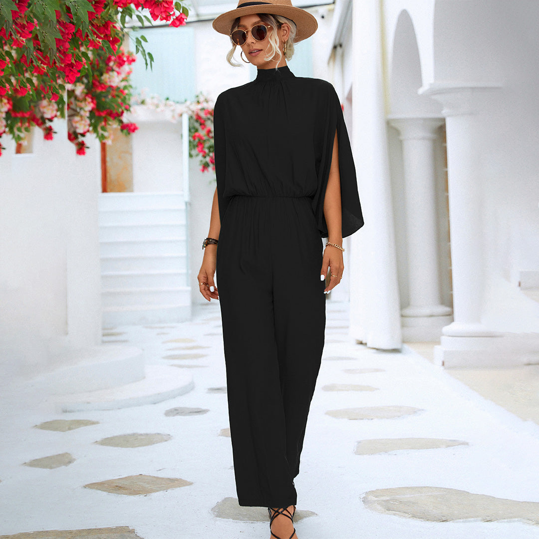 Elegante Jumpsuit Met Hoge Hals | Stijlvolle Cape Mouwen