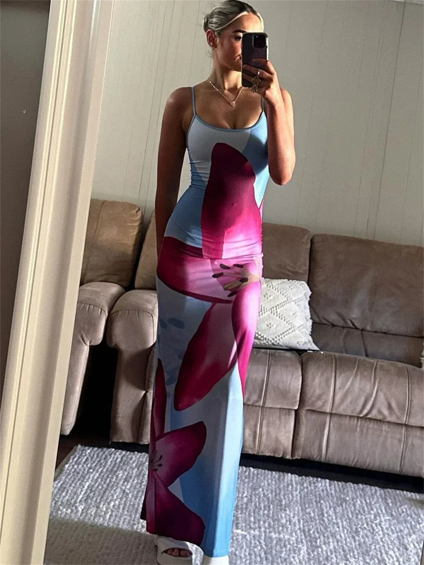 Elegante Maxi Jurk | Bloemenprint En Spaghettibandjes