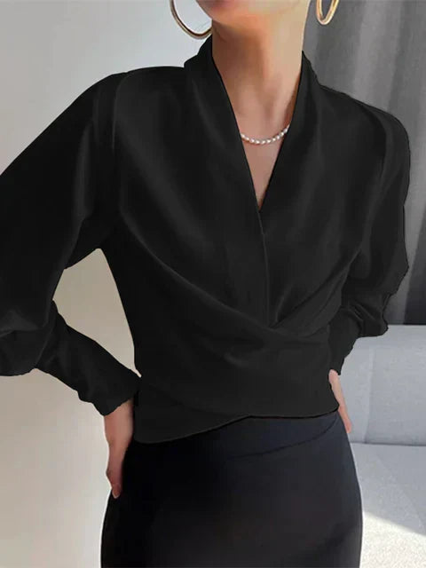 Elegante Satijnen Blouse | V-Hals En Lange Mouwen