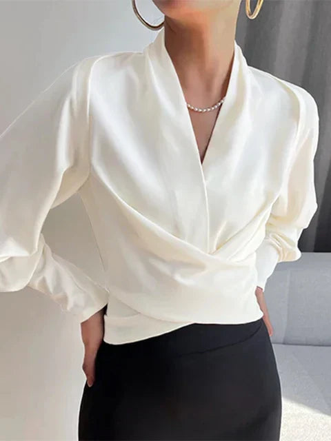 Elegante Satijnen Blouse | V-Hals En Lange Mouwen