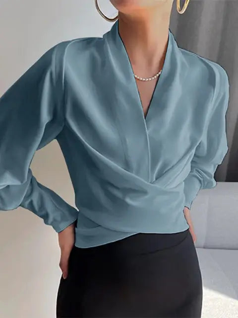 Elegante Satijnen Blouse | V-Hals En Lange Mouwen