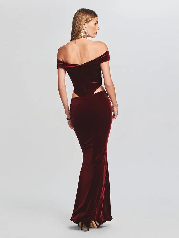 Elegante Velvet Avondjurk | Off-Shoulder Met Cut-Outs