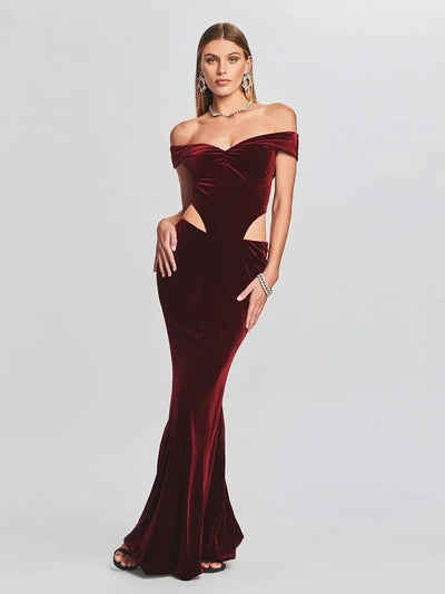 Elegante Velvet Avondjurk | Off-Shoulder Met Cut-Outs