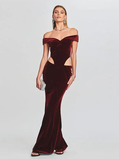 Elegante Velvet Avondjurk | Off-Shoulder Met Cut-Outs