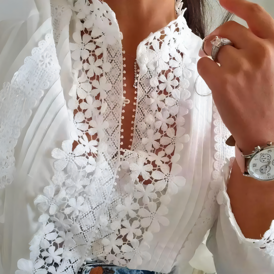 Elegante Witte Blouse | Kant & Bloemenpatroon