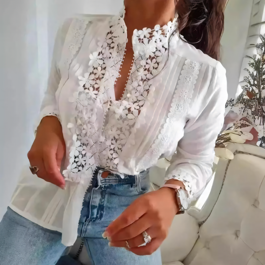 Elegante Witte Blouse | Kant & Bloemenpatroon