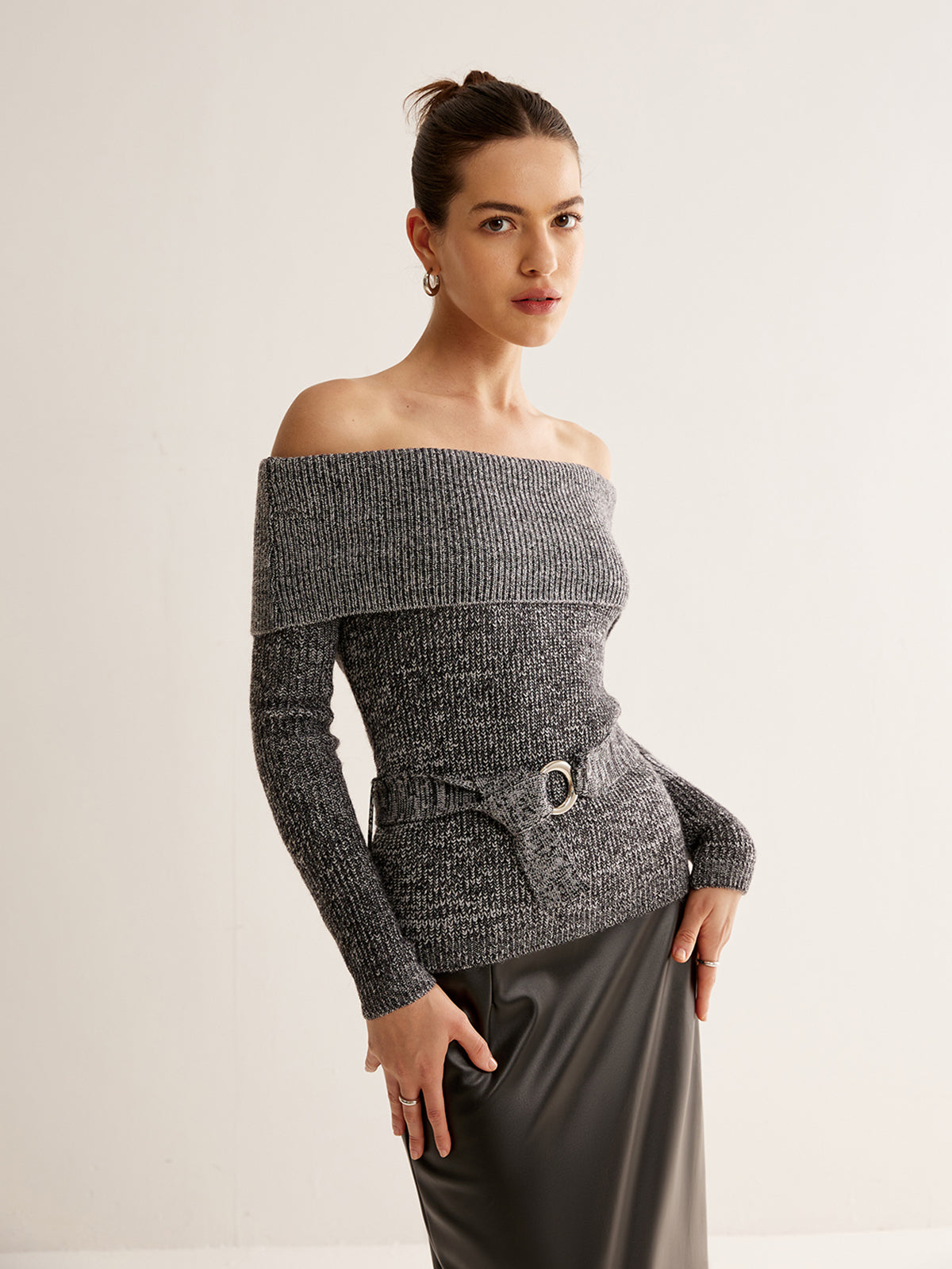 Gebreide Off-Shoulder Trui | Met Taille Ceintuur