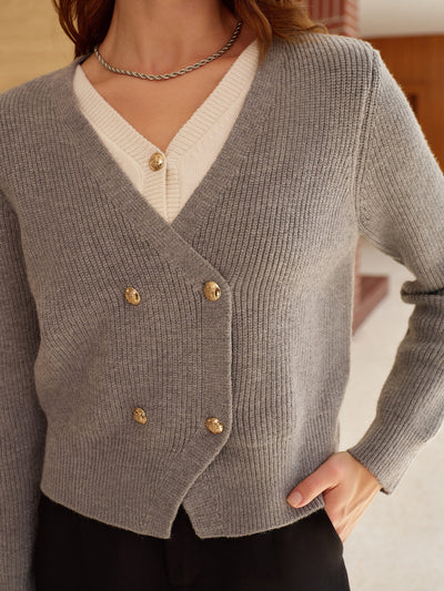 Gebreide V-Hals Cardigan | Dubbele Goudknopen