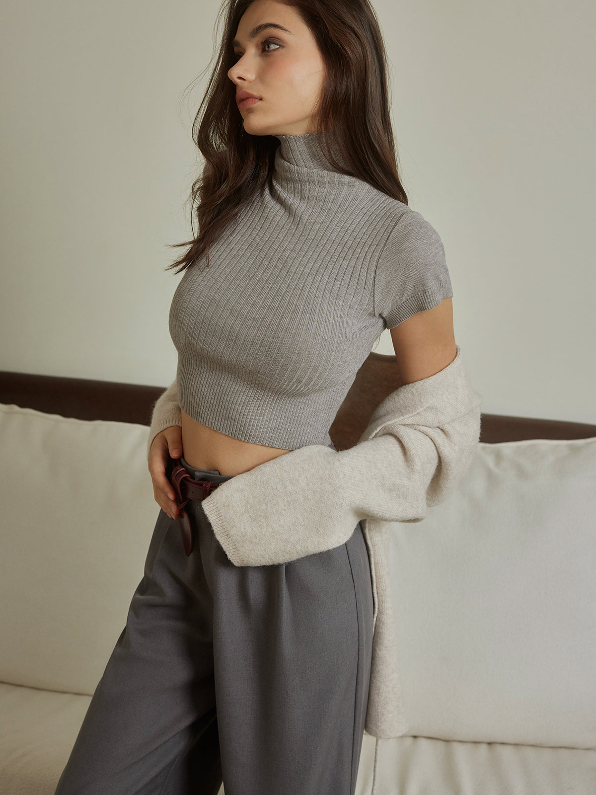 Geribde Crop Top | Hoge Colkraag