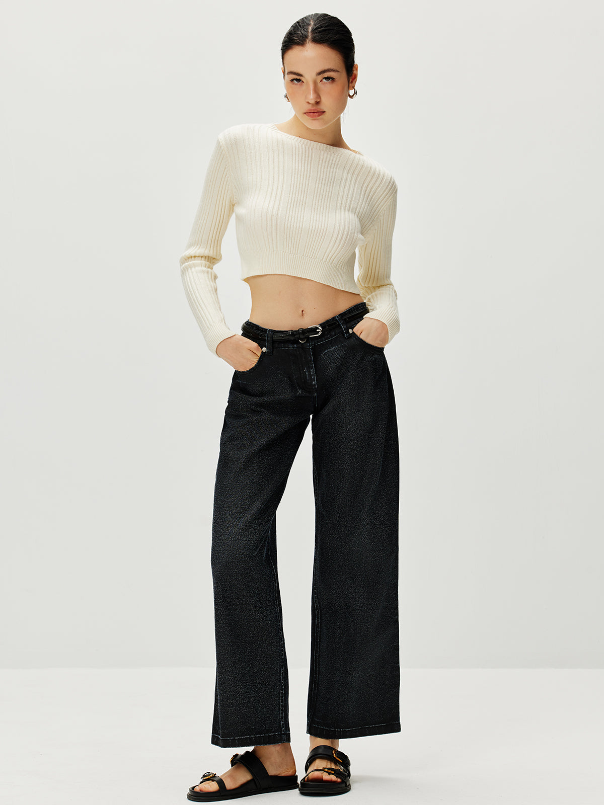 Geribde Cropped Trui | Open Rug Met Strikdetail