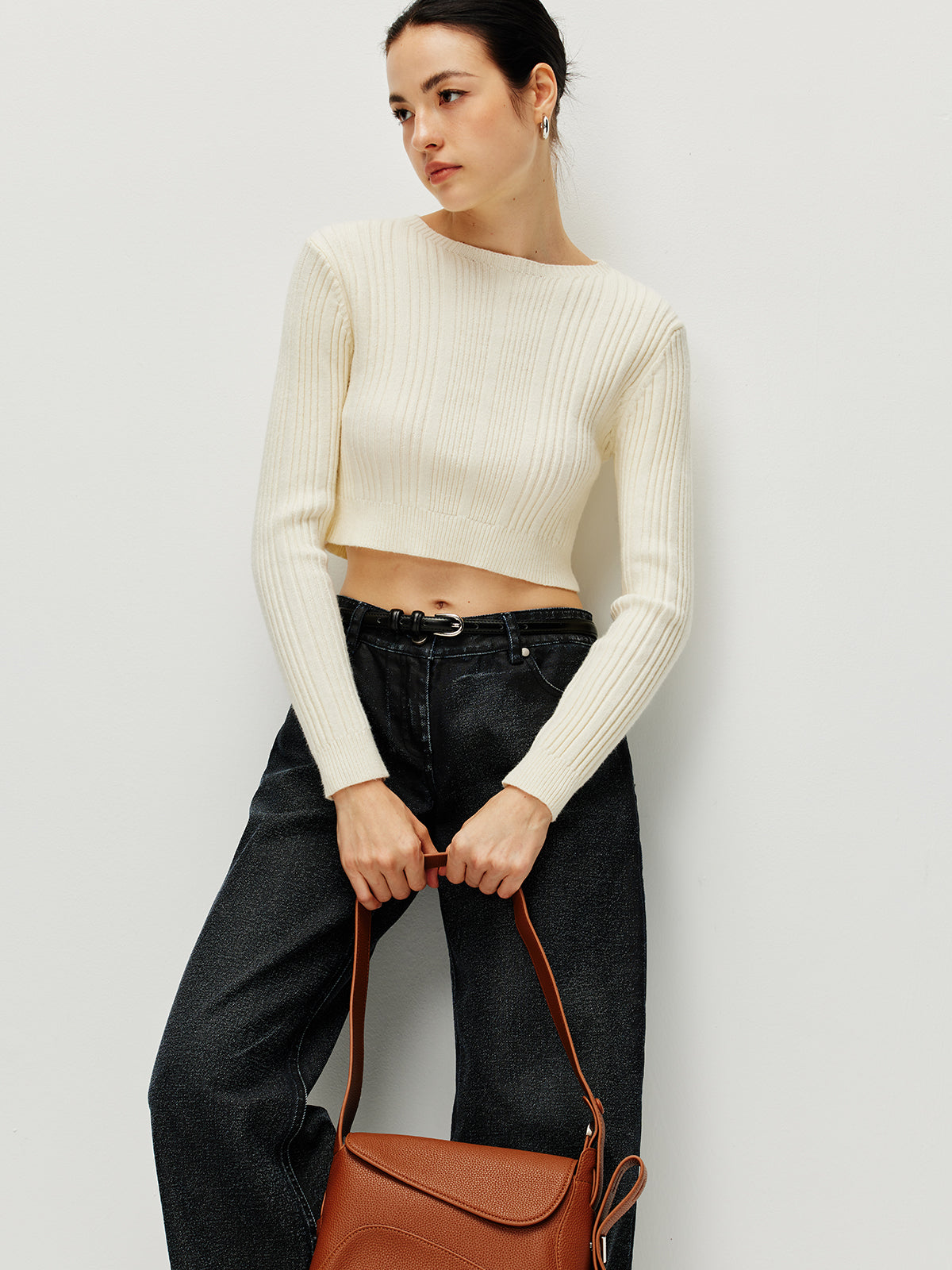 Geribde Cropped Trui | Open Rug Met Strikdetail