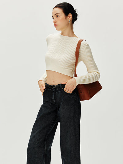 Geribde Cropped Trui | Open Rug Met Strikdetail