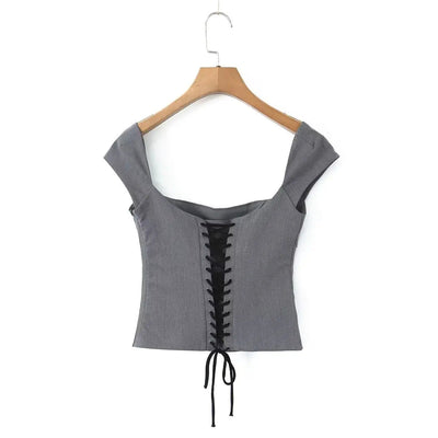 Grijze Crop Top | Elegant Met Vetersluiting