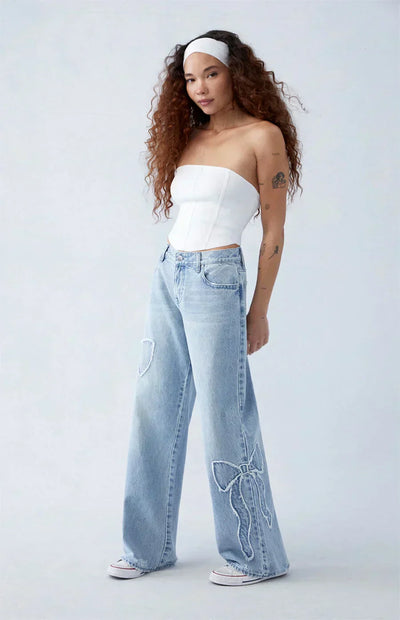 High-Waist Wide-Leg Jeans | Geborduurde Strikdetails