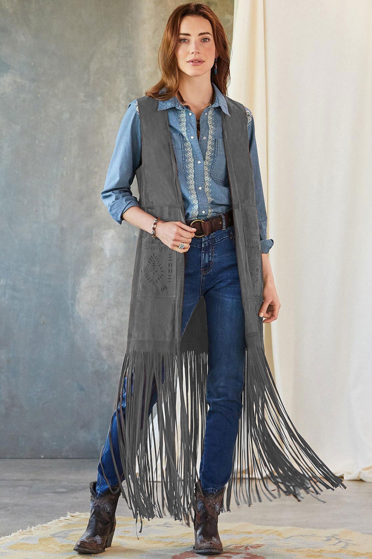 Lange Suède Fringe Gilet | Bohemian Western Look