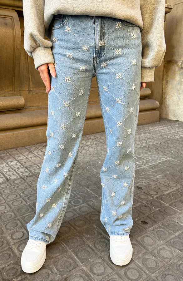 Straight Leg Jeans | Geborduurde Kristallen Details