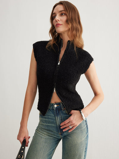 Zwarte Mouwloze Fleece Vest | Modieuze Ritsafsluiting